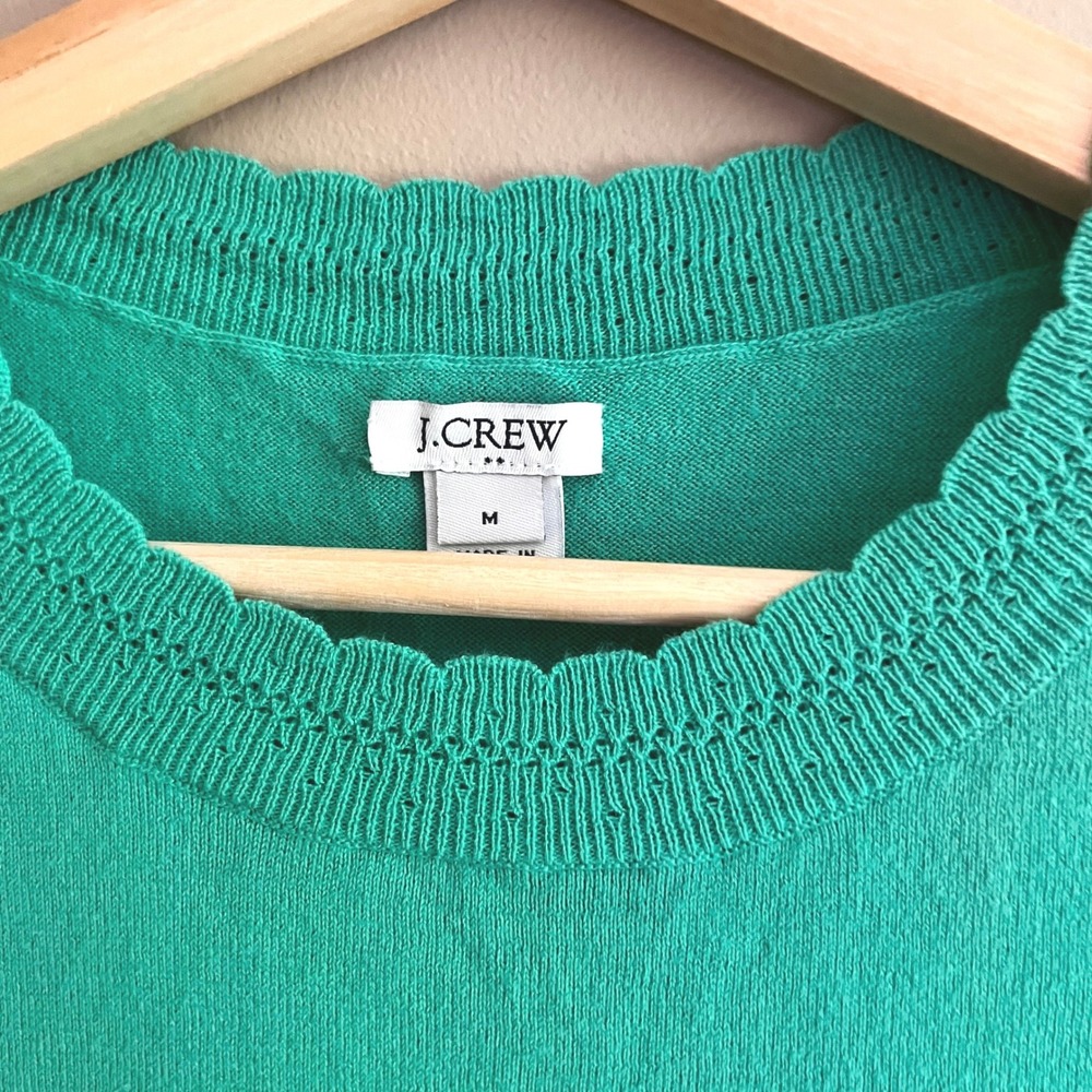 J.Crew Womens Green Scalloped Pointelle Neck Short Sleeve Cotton Sweater Size M - Picture 3 of 8